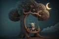 Fairytale illustration of an old tree with a wooden swing set with moon in the evening. Lonely Teddy. lonliness Royalty Free Stock Photo