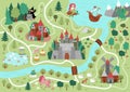 Fairytale kingdom map. Medieval village background. Vector fairy tale castle infographic elements with sea, mountains, forest, Royalty Free Stock Photo