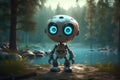 In A Fairytale Land Of Wonder, A Cute Cartoon Robot Gives A Bigeyed Pitying Gaze To A Glowing Lake In The Forest. Generative AI