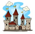 Fairytale landscape with castle. Fantasy palace tower, fantastic fairy house or magic castles kingdom