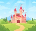 Fairytale landscape with castle. Fantasy palace tower, fantastic fairy house or magic castles kingdom cartoon vector background Royalty Free Stock Photo