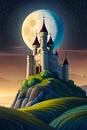 Fairytale landscape with castle and the full Moon at night Royalty Free Stock Photo