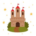 Fairytale landscape with castle. White tower with red flags, fairy house or magic castles kingdom. Vector flat