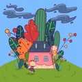 Fairytale landscape with cute pixie girls and little pink house surrounded by plants.