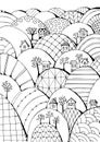 Fairytale landscape. Houses and trees on ornamental hills. Black and white vector illustration. Coloring book