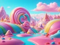 Fairytale landscape with lollipops, candies, sweets, marshmellow and chocolate. 3d render Royalty Free Stock Photo