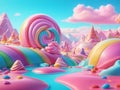 Fairytale landscape with lollipops, candies, sweets, marshmellow and chocolate. 3d render