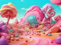 Fairytale landscape with lollipops, candies, sweets, marshmellow and chocolate. 3d render