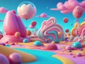 Fairytale landscape with lollipops, candies, sweets, marshmellow and chocolate. 3d render