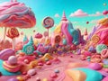 Fairytale landscape with lollipops, candies, sweets, marshmellow and chocolate. 3d render