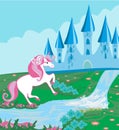 Fairytale landscape with magic castle and beautiful unicorn Royalty Free Stock Photo