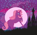 Fairytale landscape with magic castle and unicorn Royalty Free Stock Photo