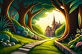 Fairytale landscape with path to castle through magic forest Royalty Free Stock Photo