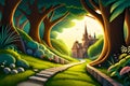 Fairytale landscape with path to castle through magic forest Royalty Free Stock Photo