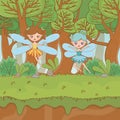 Fairytale landscape scene with fairies flying