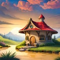 Fairytale landscape with small magic house by the water