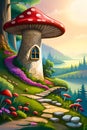 Fairytale landscape with toadstool mushroom house Royalty Free Stock Photo