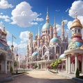 Fairytale-like city with white spires, colorful buildings, and ornate castles