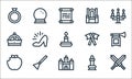fairytale line icons. linear set. quality vector line set such as swords, castle, apple, candle, broom, crown, flags, throne,