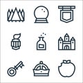 fairytale line icons. linear set. quality vector line set such as apple, crown, key, castle, bottle, knight, pendant, crystal ball Royalty Free Stock Photo