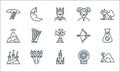 fairytale line icons. linear set. quality vector line set such as cave, castle, castle, magic ball, dragon, volcano, bow, satyr, Royalty Free Stock Photo
