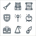 fairytale line icons. linear set. quality vector line set such as inkwell, princess, chest, cauldron, magic wand, middle ages,