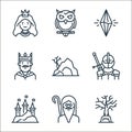 fairytale line icons. linear set. quality vector line set such as oak, wizard, castle, knight, cave, king, crystal, owl