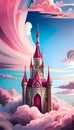 Fairytale magic pink castle on clouds in the sky