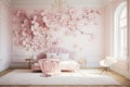 A fairytale and magical bedroom inspired by flower petals. Soft pink walls and flower decals create a garden feel