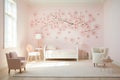 A fairytale and magical bedroom inspired by flower petals. Soft pink walls, pink flowers on the wall