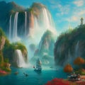 Fairytale magical fantasy hd wallpaper of river, splashing water in a stream, background illustration art, ai gene Royalty Free Stock Photo