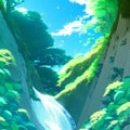 Fairytale magical fantasy hd wallpaper of waterfall, blue water stream, anime illustration, ai generative Royalty Free Stock Photo