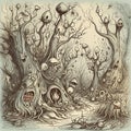 Fairytale magical forest with unusual creatures and ghosts, black and white drawing, engraving