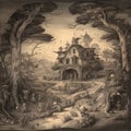 Fairytale magical forest with unusual creatures and ghosts, creative background, black and white drawing, engraving