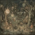 Fairytale magical forest with unusual creatures and ghosts, creative background, black and white drawing, engraving