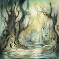 Fairytale magical forest with unusual creatures and ghosts, creative background, drawing, watercolor