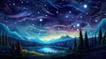 fairytale magical landscape artwork of a sky full of stars, night at forest with a lake