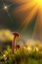 Fairytale mashrooms in majestic sunlight with sunbeams close up