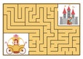 Fairytale maze for kids with fantasy characters. Magic kingdom preschool printable activity with carriage and castle. Fairy tale