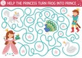 Fairytale maze for kids with fantasy characters. Magic kingdom preschool printable activity with swan, peacock, cat, crown. Fairy