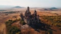 Fairytale medieval old royal castle on mountain, wasteland background at sunset, top view. AI generated. Royalty Free Stock Photo