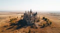 Fairytale medieval old royal castle on mountain, wasteland background at sunset, top view. AI generated. Royalty Free Stock Photo