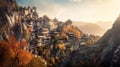 Fairytale medieval old royal castle on mountain, wasteland background at sunset, top view. AI generated. Royalty Free Stock Photo