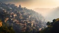 Fairytale medieval old royal castle on mountain, wasteland background at sunset, top view. AI generated. Royalty Free Stock Photo