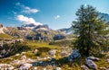 Fairytale mountain valley of Tre Cime di Lavaredo National park under sunlit. Amazing Natural background. Impressive Wild area.