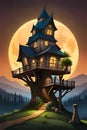 Fairytale multistory treehouse on the branches of huge tree
