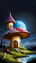 Fairytale mushroom house by brook at moonlit night Royalty Free Stock Photo