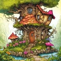 Fairytale mushroom house with flowers, cartoon style illustration