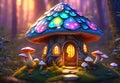 Fairytale mushroom house with flowers, cute colorful small elf cottage in forest with luminescent colors Royalty Free Stock Photo