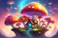 Fairytale mushroom house with flowers, cute colorful small elf cottage in forest with luminescent colors